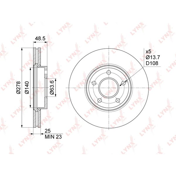 Диск тормозной перед Ford 1734696 Lynx BN-1024 Focus II CB4 1.4L 1.6L 1.8L 2.0L D=278 (DF4465)