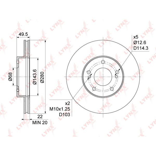 Диск тормозной перед Nissan 40206-88E01 Lynx BN-1106 A32/33 P12 C34/35 W11 R34 D=280 (DF2574)