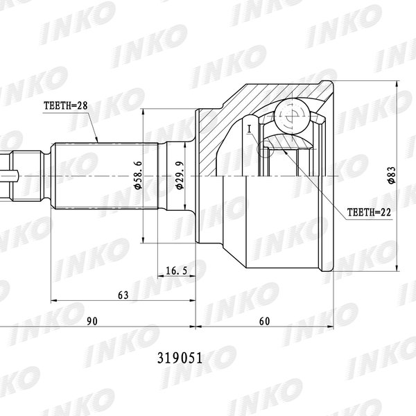 Шрус Mazda FG02-25-500D Inko 319051 (MZ-042,MA-042) ZY-VE BK5P Без ABS 22/59/28 