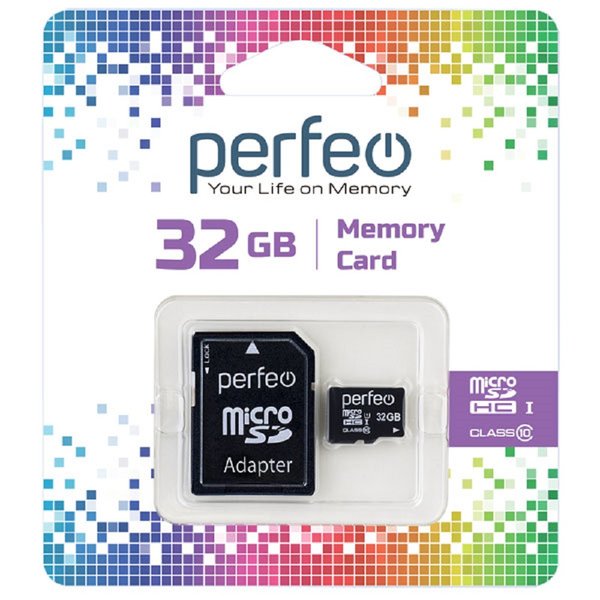 Карта памяти MicroSD 32Gb Perfeo class 10 с адаптером