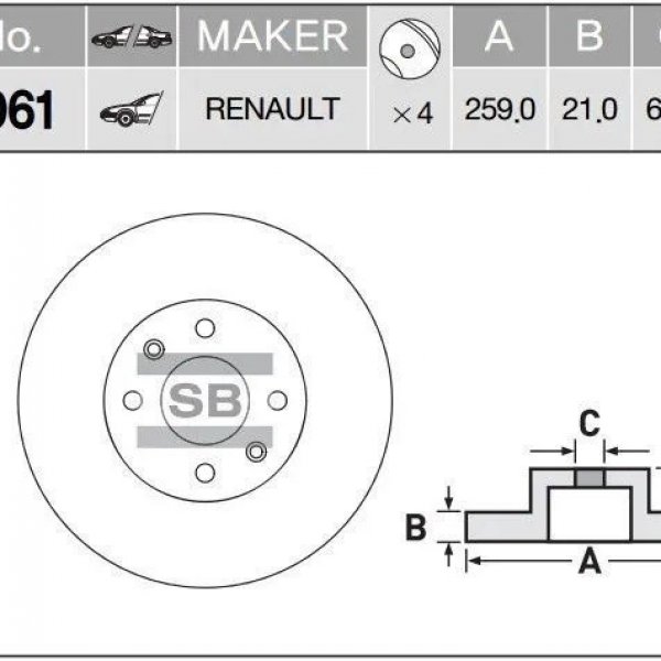 Диск тормозной перед Renault 7700780892 Sangsin SD3061 Logan/Sandero D=259мм (DF2586,K000280)