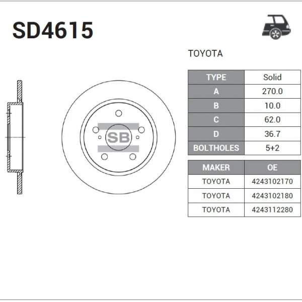 Диск тормозной задн Toyota 42431-02170 Sangsin SD4615 #15#/18# D=270 (DF4830)