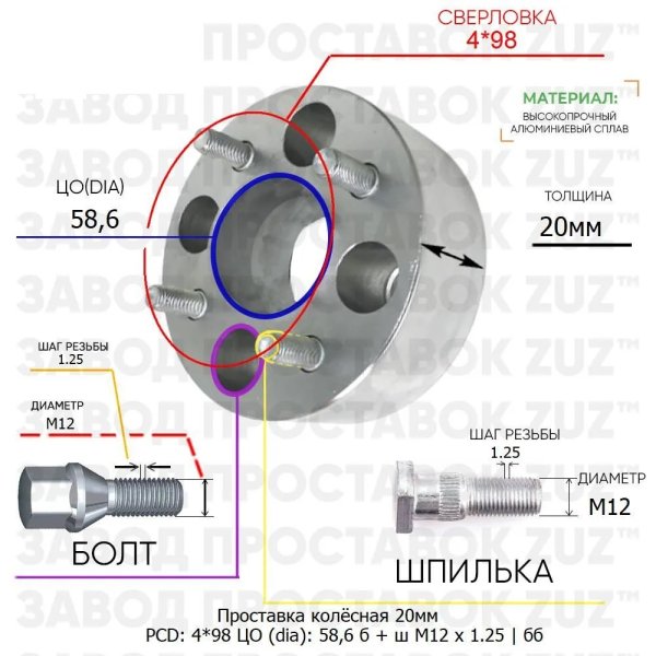 Проставка 20мм, 4*98 58,6 М12*1,25 б+ш, б/б