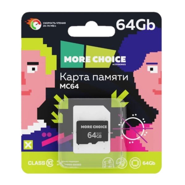 Карта памяти 64Gb Micro-SD More choice Class10 V10 MC64 (Black)