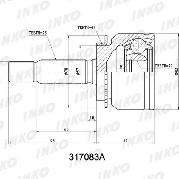 Шрус MMC MR580378 Inko 317083A 4G13/15 CS2A CS2W CQ1A CQ2A с ABS, 22/57/25 