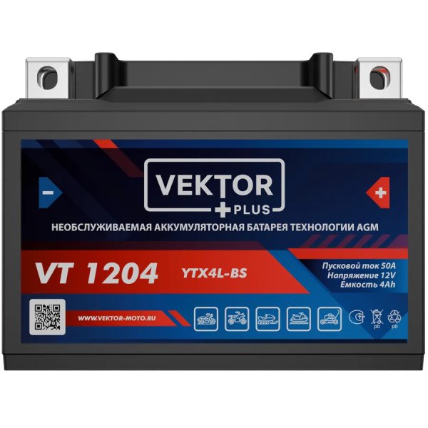 Аккумулятор мото VEKTOR PLUS VT 1204  4 А/ч  L