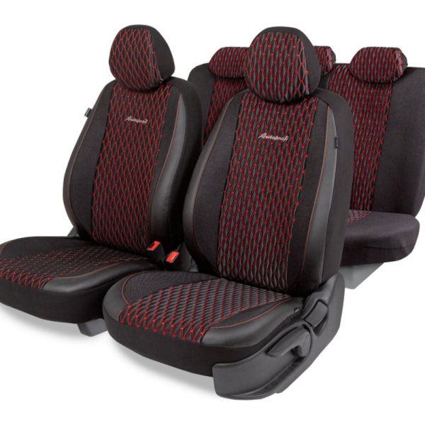 Чехлы автомобильные лён + экокожа Autoprofi Premium Black Ice 11предметов черный/красный