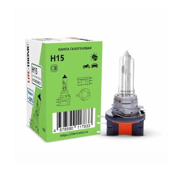 Лампа галогенная H15 12V15/55WPGJ23t-1 Lite-Tronic Vision + 30%
