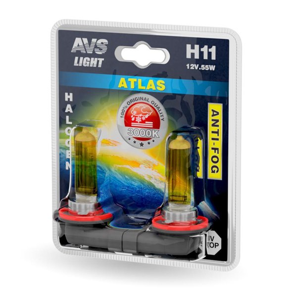 Лампа H11 AVS/ATLAS  12V 55W желтый (бокс 2шт)