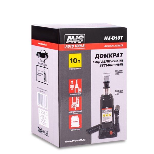 Домкрат гидравлический бутылочный 10т AVS HJ-B10T 200-405мм