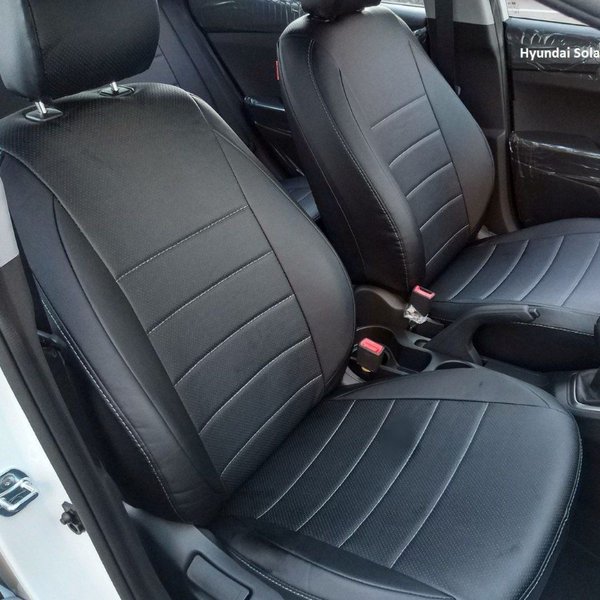Чехлы на сиденья Hyundai Solaris 17- /Kio Rio 16- седан стандарт (экокожа черный+черный)