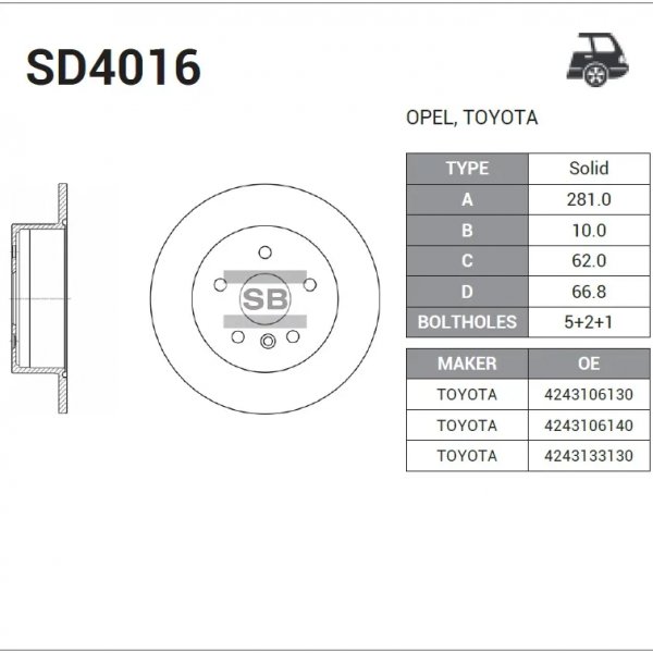 Диск тормозной задн Toyota 42431-33130 Sangsin SD4016 ACV40 GSV40 D=281 (DF6176)
